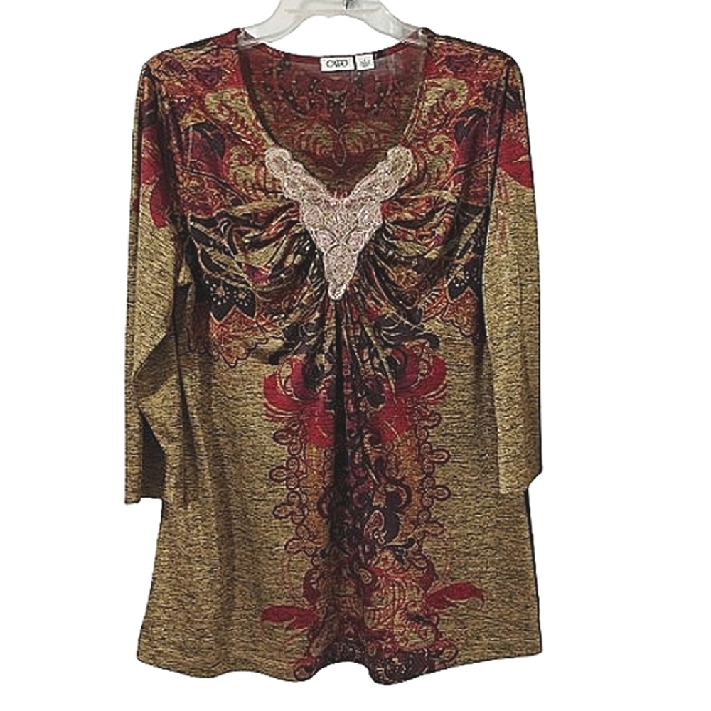 Vtg Y2K V-Neck Sequined Detail Multicolored Floral Top Large Empire Waist